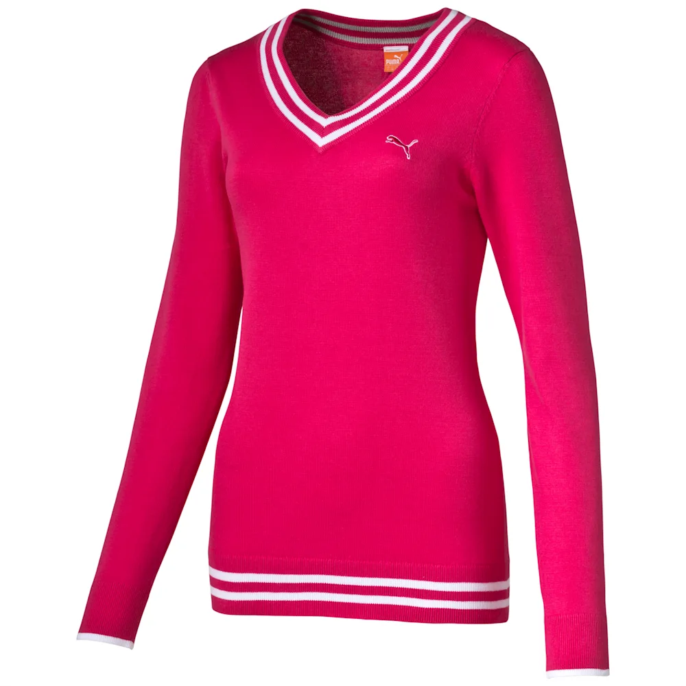PUMA V NECK SWEATER RASPBERRY-WHITE in Standard