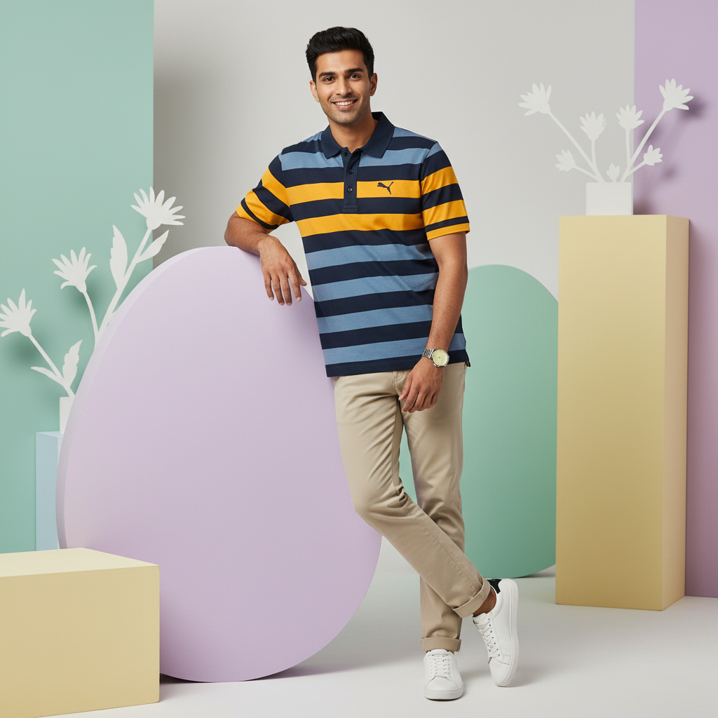 PUMA STRIPED PIQUE POLO BLUE WING T in Standard