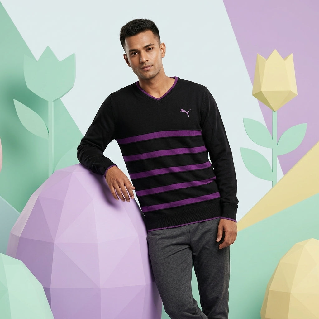 PUMA MEN S LS STRIPED SWEATER in BLACK