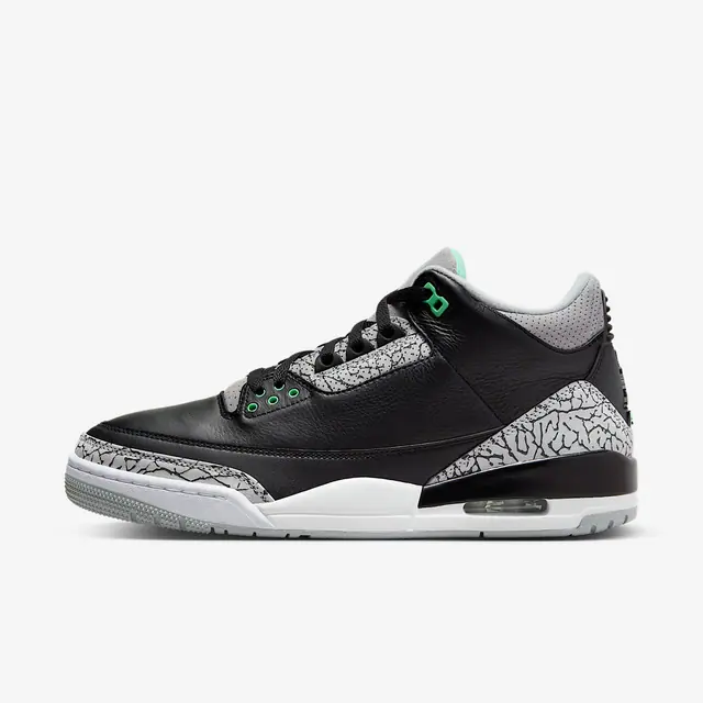 NIKE AIR JORDAN 3 RETRO in BLACK/GREEN GLOW-WOLF GREY-WHITE