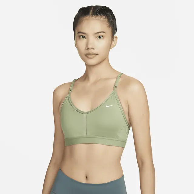 NIKE AS W NK INDY V-NECK BRA in OIL GREEN/OIL GREEN/OIL GREEN/WHITE