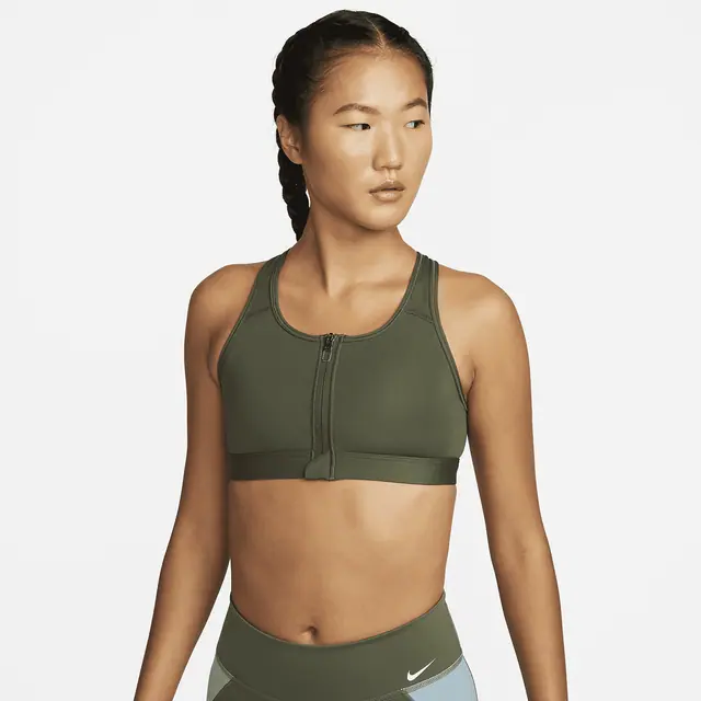 NIKE AS W NK DF SWSH ZIP FRONT BRA in CARGO KHAKI/WHITE