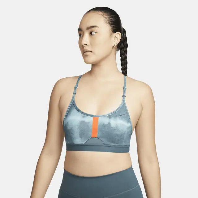 NIKE AS W NK DF INDY DYE AOP BRA in ASH GREEN/RUSH ORANGE/ASH GREEN/CLEAR