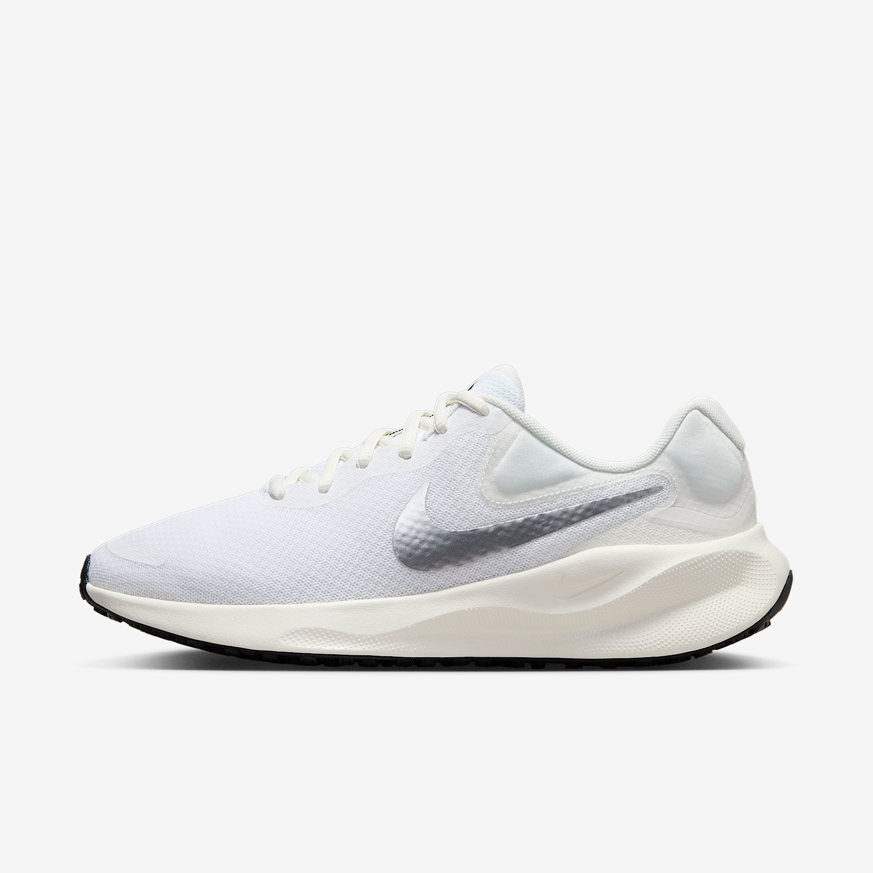 W NIKE REVOLUTION 7 in WHITE METALLIC SILVER SAIL BLACK