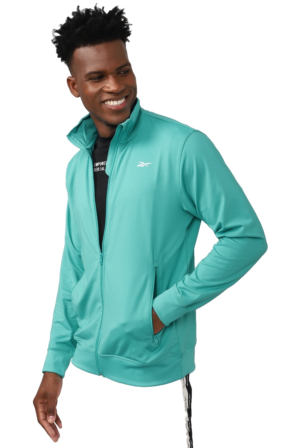REEBOK MEN HIGH NECK FULL SLEEVES FRONT OPEN LOGO PRINT SWEATSHIRT in Standard